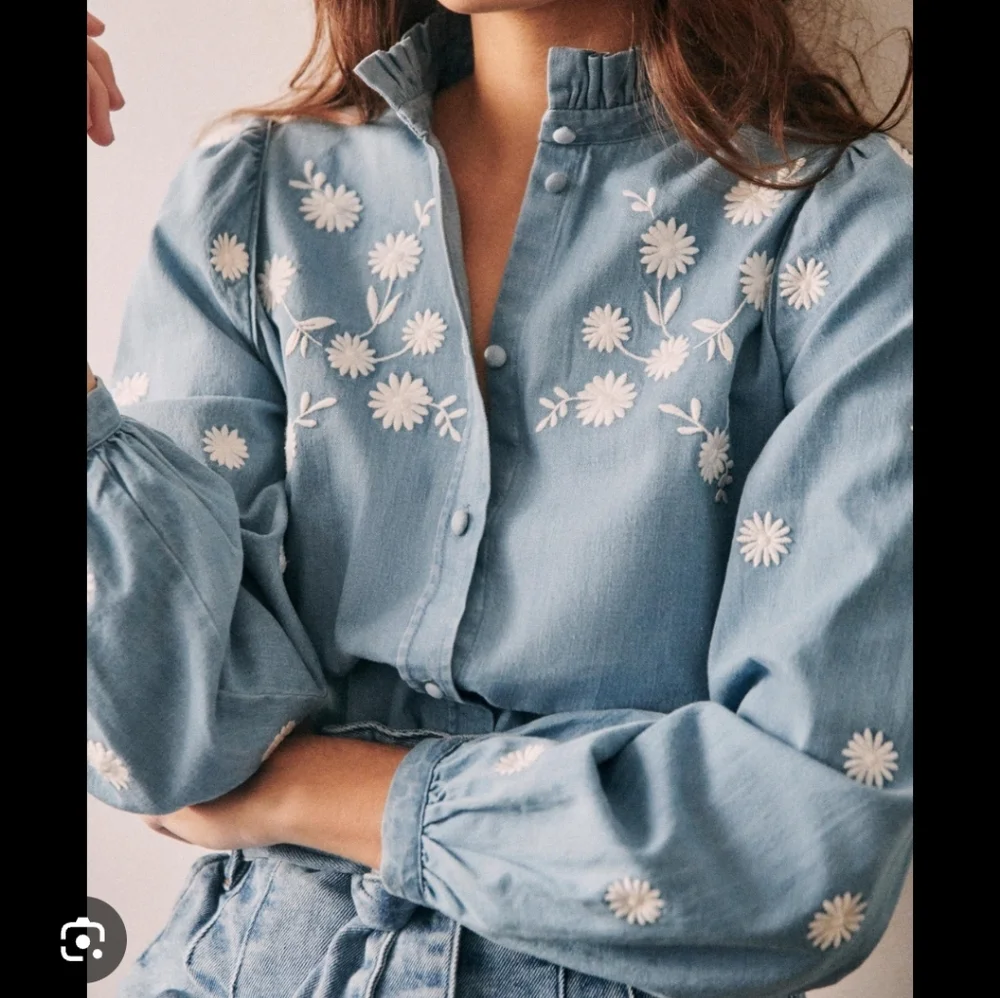 Sezane Blue Blouse with White Floral Embroidery - Picture 1 of 10